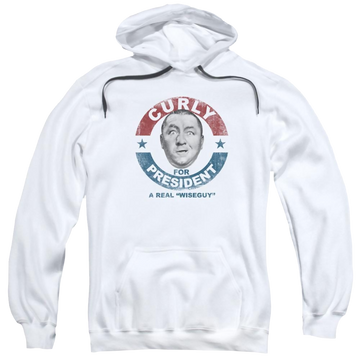 White pullover hoodie with The Three Stooges Curly For President graphic