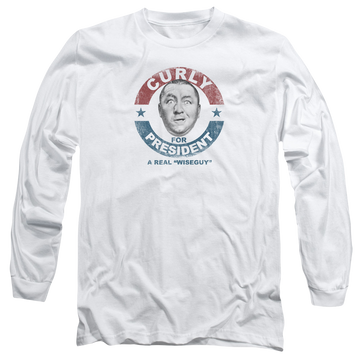 White men's long sleeve t-shirt with The Three Stooges Curly For President graphic