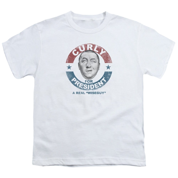 White youth t-shirt for ages 8 to 12 with The Three Stooges Curly For President graphic