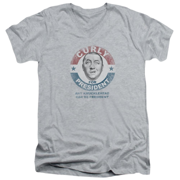 Athletic heather men's v-neck t-shirt with The Three Stooges Curly For President graphic