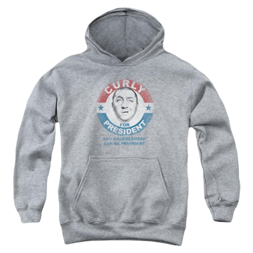 Athletic heather youth hoodie for ages 8 to 12 with The Three Stooges Curly For President graphic