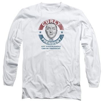 White men's long sleeve t-shirt with The Three Stooges Curly For President graphic