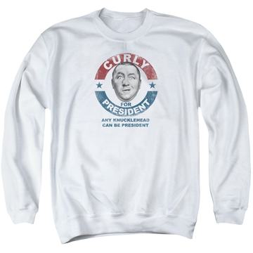 White men's crewneck sweatshirt with The Three Stooges Curly For President graphic