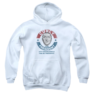 White youth hoodie for ages 8 to 12 with The Three Stooges Curly For President graphic