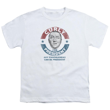 White youth t-shirt for ages 8 to 12 with The Three Stooges Curly For President graphic