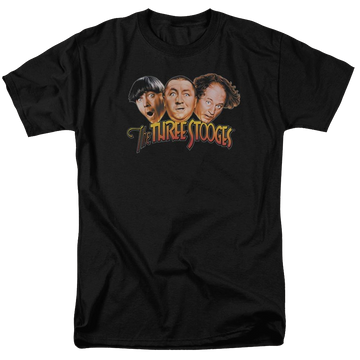 Black men's regular fit t-shirt with The Three Stooges Three Head Logo graphic