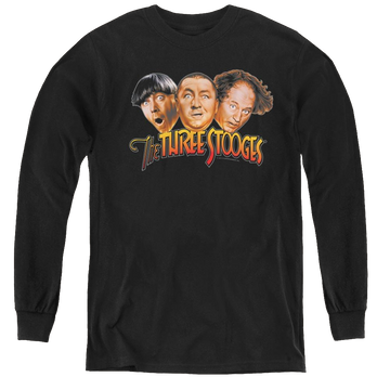 Black youth long sleeve t-shirt with The Three Stooges Three Head Logo graphic