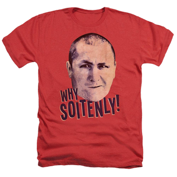 Red men's heather t-shirt with The Three Stooges Why Soitenly graphic