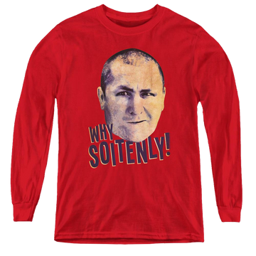 Red youth long sleeve t-shirt with The Three Stooges Why Soitenly graphic