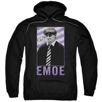 Black pullover hoodie with The Three Stooges Emoe graphic