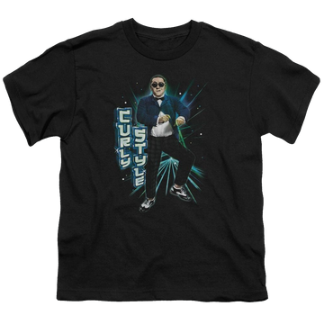 Black youth t-shirt for ages 8 to 12 with The Three Stooges Curly Style graphic