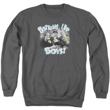 Charcoal men's crewneck sweatshirt with The Three Stooges Bottoms Up graphic