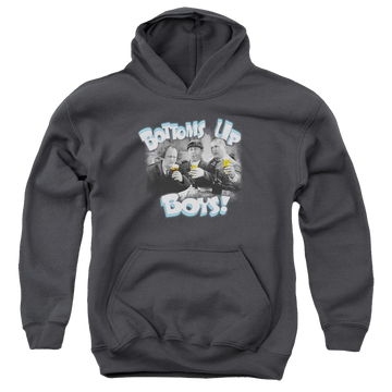 Charcoal youth hoodie for ages 8 to 12 with The Three Stooges Bottoms Up graphic