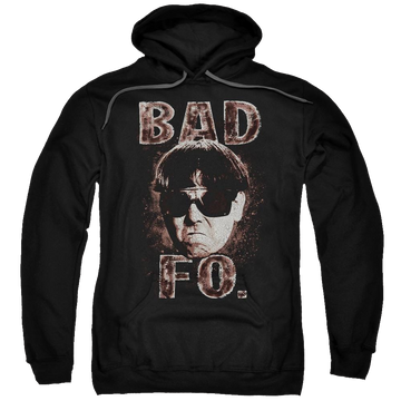 Black pullover hoodie with The Three Stooges Bad Moe Fo graphic