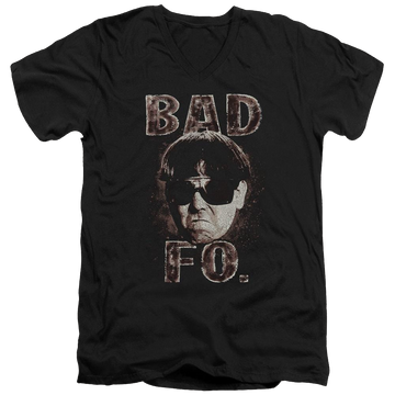 Black men's v-neck t-shirt with The Three Stooges Bad Moe Fo graphic