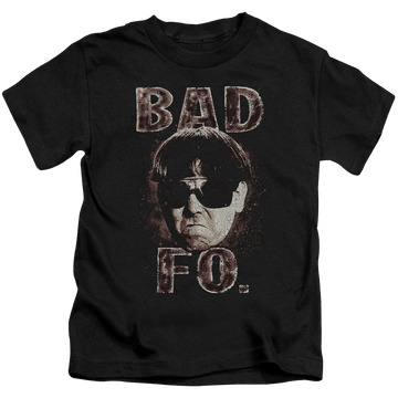 Black kid's t-shirt for ages 4 to 7 with The Three Stooges Bad Moe Fo graphic