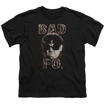Black youth t-shirt for ages 8 to 12 with The Three Stooges Bad Moe Fo graphic
