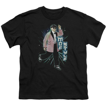 Black youth t-shirt for ages 8 to 12 with The Three Stooges Moe Style graphic