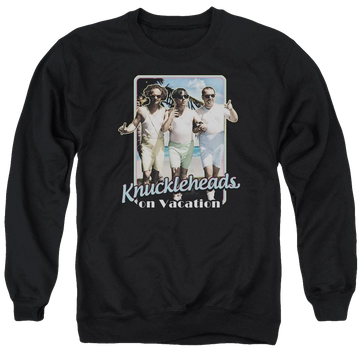 Black men's crewneck sweatshirt with The Three Stooges Knucklesheads On Vacation graphic