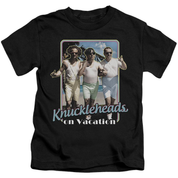 Black kid's t-shirt for ages 4 to 7 with The Three Stooges Knucklesheads On Vacation graphic