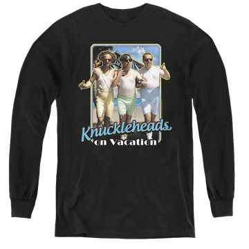 Black youth long sleeve t-shirt with The Three Stooges Knuckleheads On Vacation graphic