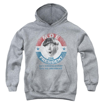 Athletic heather youth hoodie for ages 8 to 12 with The Three Stooges Moe For President graphic
