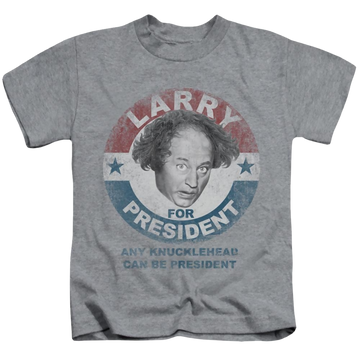 Athletic heather kid's t-shirt for ages 4 to 7 with The Three Stooges Larry For President graphic