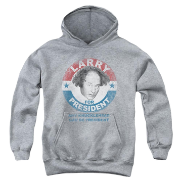 Athletic heather youth hoodie for ages 8 to 12 with The Three Stooges Larry For President graphic