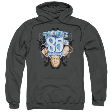 Charcoal pullover hoodie with The Three Stooges 85th Anniversary 2 graphic