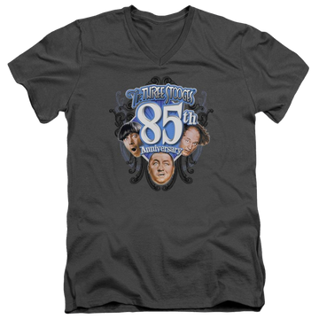 Charcoal men's v-neck t-shirt with The Three Stooges 85th Anniversary graphic