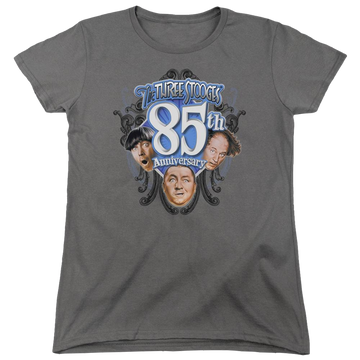 Charcoal women's t-shirt with The Three Stooges 85th Anniversary 2 graphic