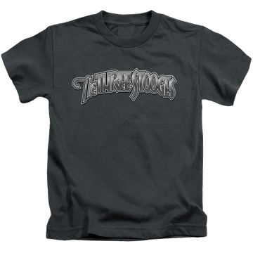 Charcoal kid's t-shirt for ages 4 to 7 with The Three Stooges Metallic Logo graphic