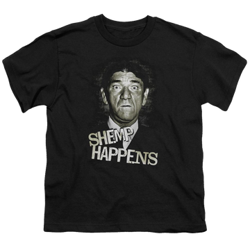 Black youth t-shirt for ages 8 to 12 with The Three Stooges Shemp Happens graphic