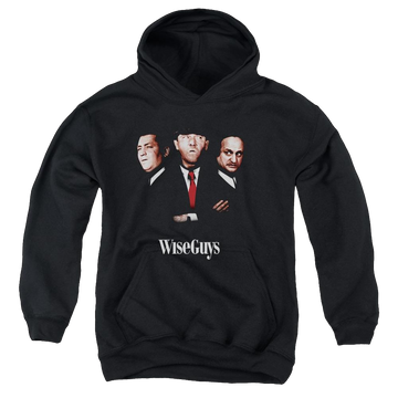 Black youth hoodie for ages 8 to 12 with The Three Stooges Wiseguys graphic