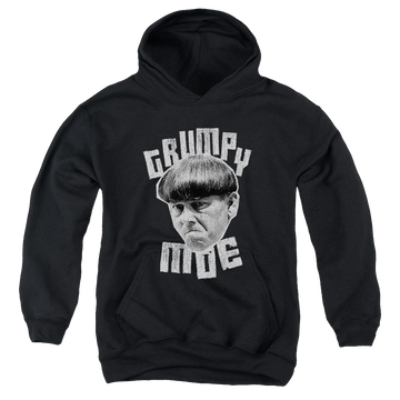 Black youth hoodie for ages 8 to 12 with The Three Stooges Grumpy Moe graphic
