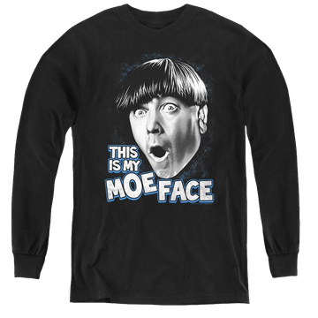 Black youth long sleeve t-shirt with The Three Stooges Moe Face graphic