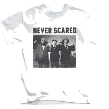 White kid's t-shirt for ages 4 to 7 with The Three Stooges Never Scared graphic