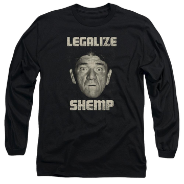 Black men's long sleeve t-shirt with The Three Stooges Legalize Shemp graphic