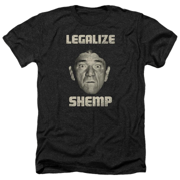 Charcoal men's heather t-shirt with The Three Stooges Legalize Shemp graphic