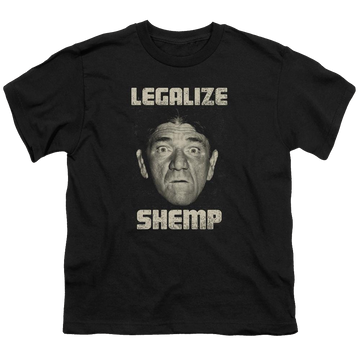 Black youth t-shirt for ages 8 to 12 with The Three Stooges Legalize Shemp graphic