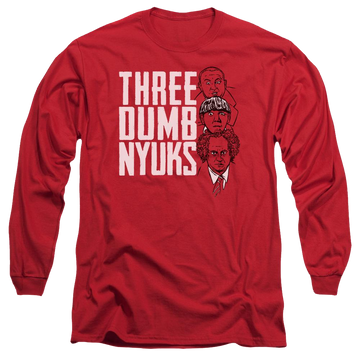 Red men's long sleeve t-shirt with The Three Stooges Three Dumb Nyuks graphic