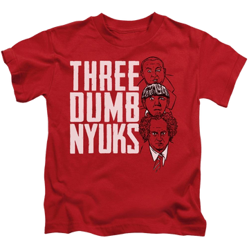 Red kid's t-shirt for ages 4 to 7 with The Three Stooges Three Dumb Nyuks graphic