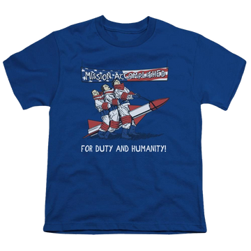 Royal youth t-shirt for ages 8 to 12 with The Three Stooges Mission Accomplished graphic
