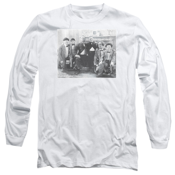 White men's long sleeve t-shirt with The Three Stooges Hello graphic