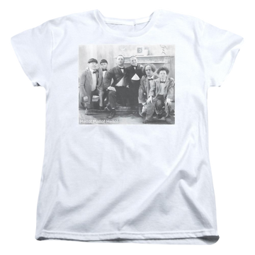 White women's t-shirt with The Three Stooges Hello graphic
