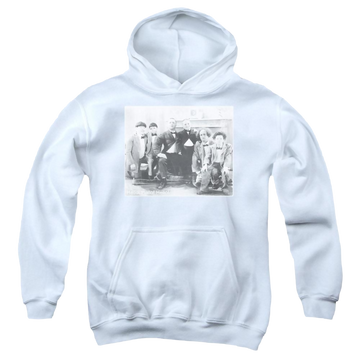 White youth hoodie for ages 8 to 12 with The Three Stooges Hello graphic