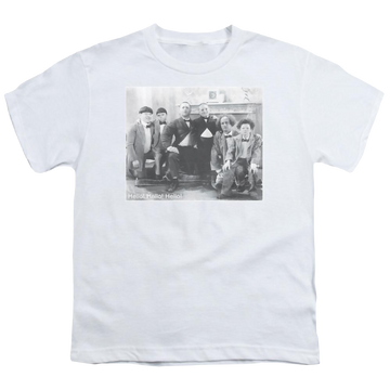 White youth t-shirt for ages 8 to 12 with The Three Stooges Hello graphic