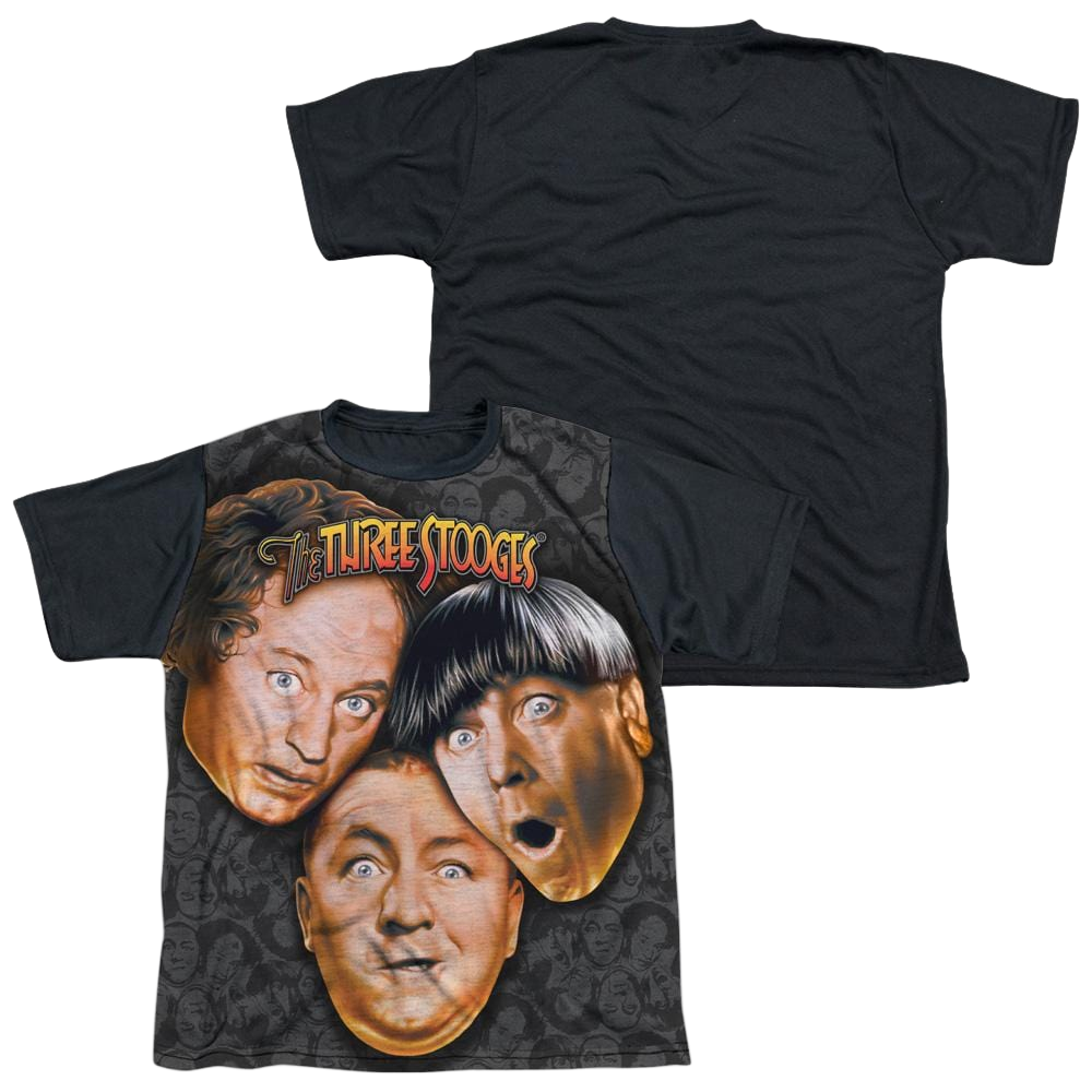 The Three Stooges Stooges All Over Youth Black Back T-Shirt (Ages 8-12) Youth Black Back T-Shirt (Ages 8-12) The Three Stooges