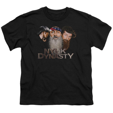 Black youth t-shirt for ages 8 to 12 with The Three Stooges Nyuk Dynasty 2 graphic