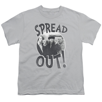 Silver youth t-shirt for ages 8 to 12 with The Three Stooges Spread Out graphic